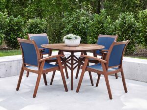 Wood table with 4 blue and wood chairs