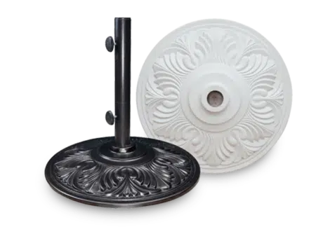 White and black decorative umbrella bases from hausers patio luxury outdoor living by hausers patio