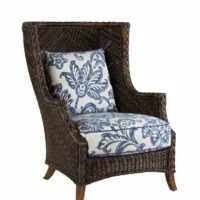 Outdoor wing chair with blue and white upholstery from hausers patio luxury outdoor living by hausers patio