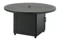 Channel 53 round gas fire pit with modanō base side view hausers patio