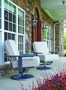 Blue and white swivel chairs from hauser luxury outdoor living by hausers patio's Patio on patio