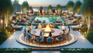 Gigantic round fire table with people sitting around it by hausers patio luxury outdoor living by hausers patio