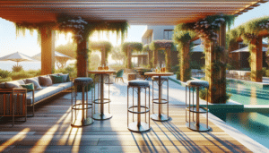 Tall bar stools and tables under pergola by Hauser's Patio
