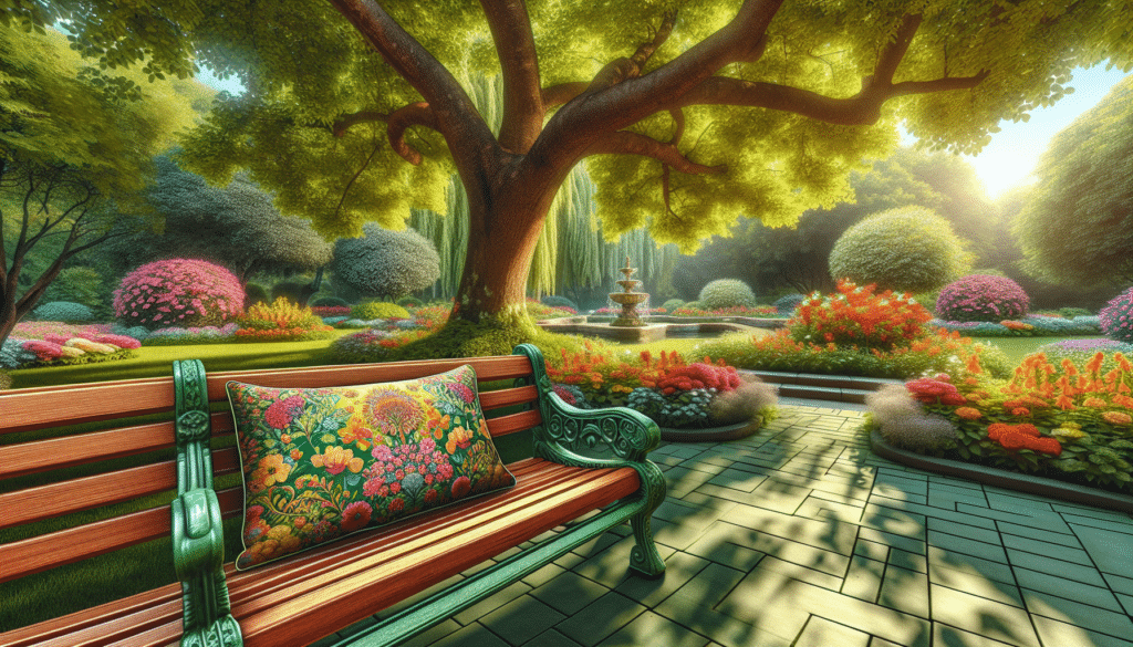 Outdoor bench with pillow in park under tree by Hauser's Patio