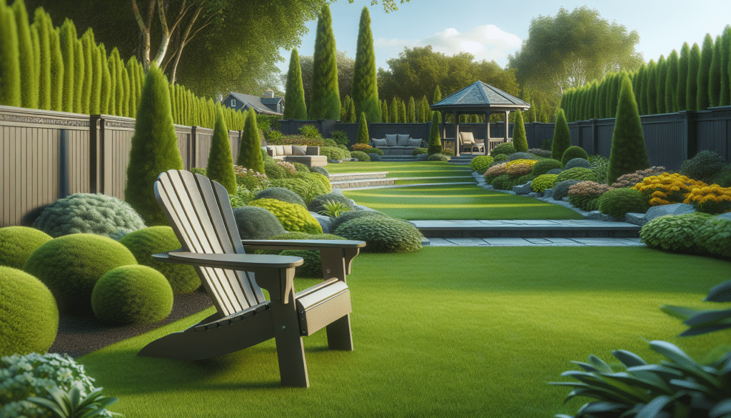 Lounge chair on grass by bushes by Hauser's Patio