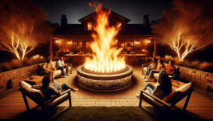 People sitting at outdoor chairs around large fire pit by Hauser's Patio