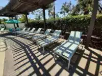 Row of sling lounge chairs under pergola by Hauser's Patio