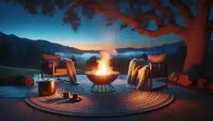 Outdoor cushion chairs by fire pit under tree by hausers patio luxury outdoor living by hausers patio
